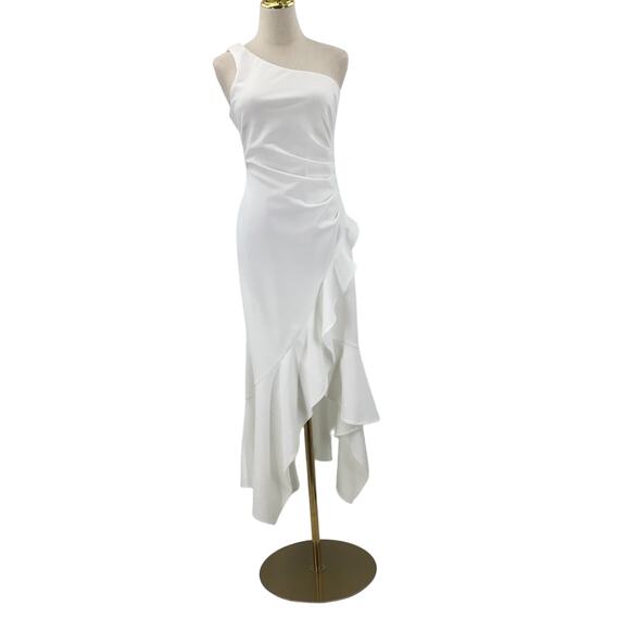XSCAPE SZ 8 White One-Shoulder Neck Asymmetrical Hem Crepe Midi Dress NEW B27 - Picture 2 of 7
